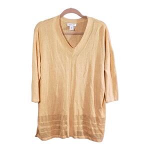 Rachel Zoe Mustard Yellow Linen Blend V-neck Tunic Sweater Crocheted Trim Sz M